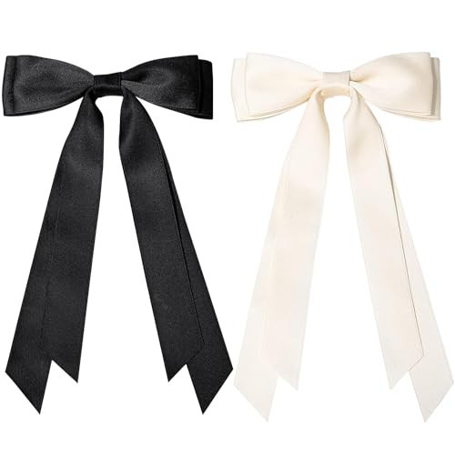 2PCS Silky Satin Hair Bows Ribbon Hair Clips, Fall Alligator Hair Pins, Ponytail Holder Accessories Sides Metal Hair Bow Barrettes Hair Accessories for Women Girls Kids (Black+Beige) | Amazon (US)
