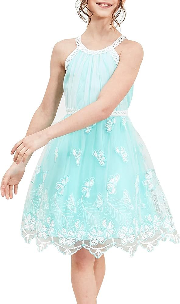 Sunny Fashion Girls Dress Turquoise Embroidered Halter Dress Party | Amazon (US)