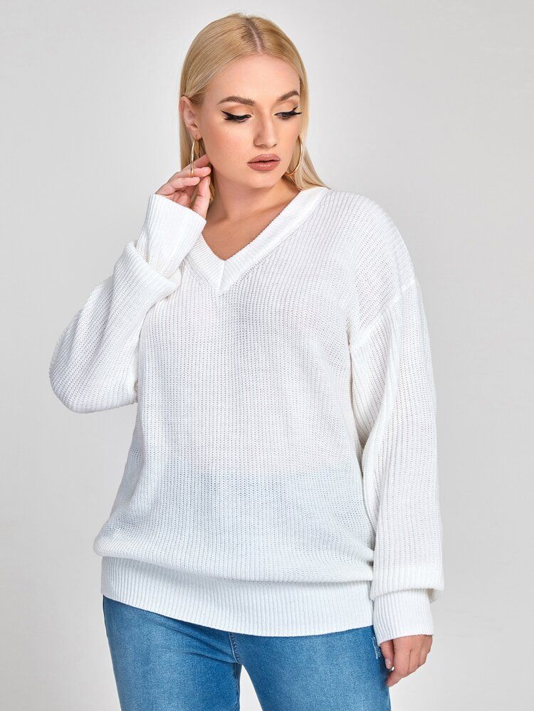 Plus Solid Drop Shoulder Ribbed Knit Sweater | SHEIN