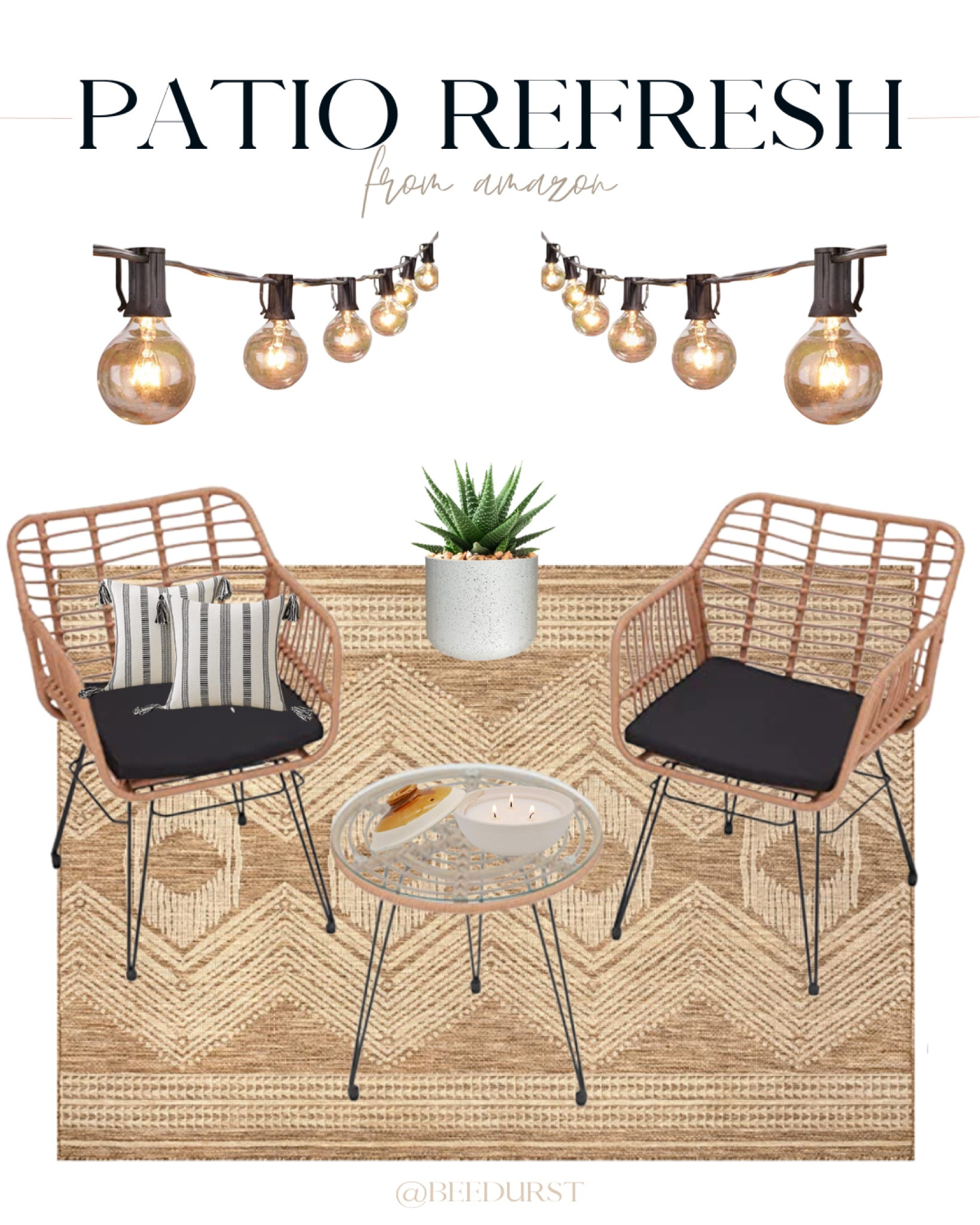 Patio refresh idea from Amazon! Amazon patio furniture, Amazon patio decor, Amazon patio set, Amazon outdoor rug, woven outdoor rug, jute outdoor rug, boho patio set, boho patio furniture, patio lights, citronella candle

#LTKsalealert #LTKSeasonal #LTKhome
