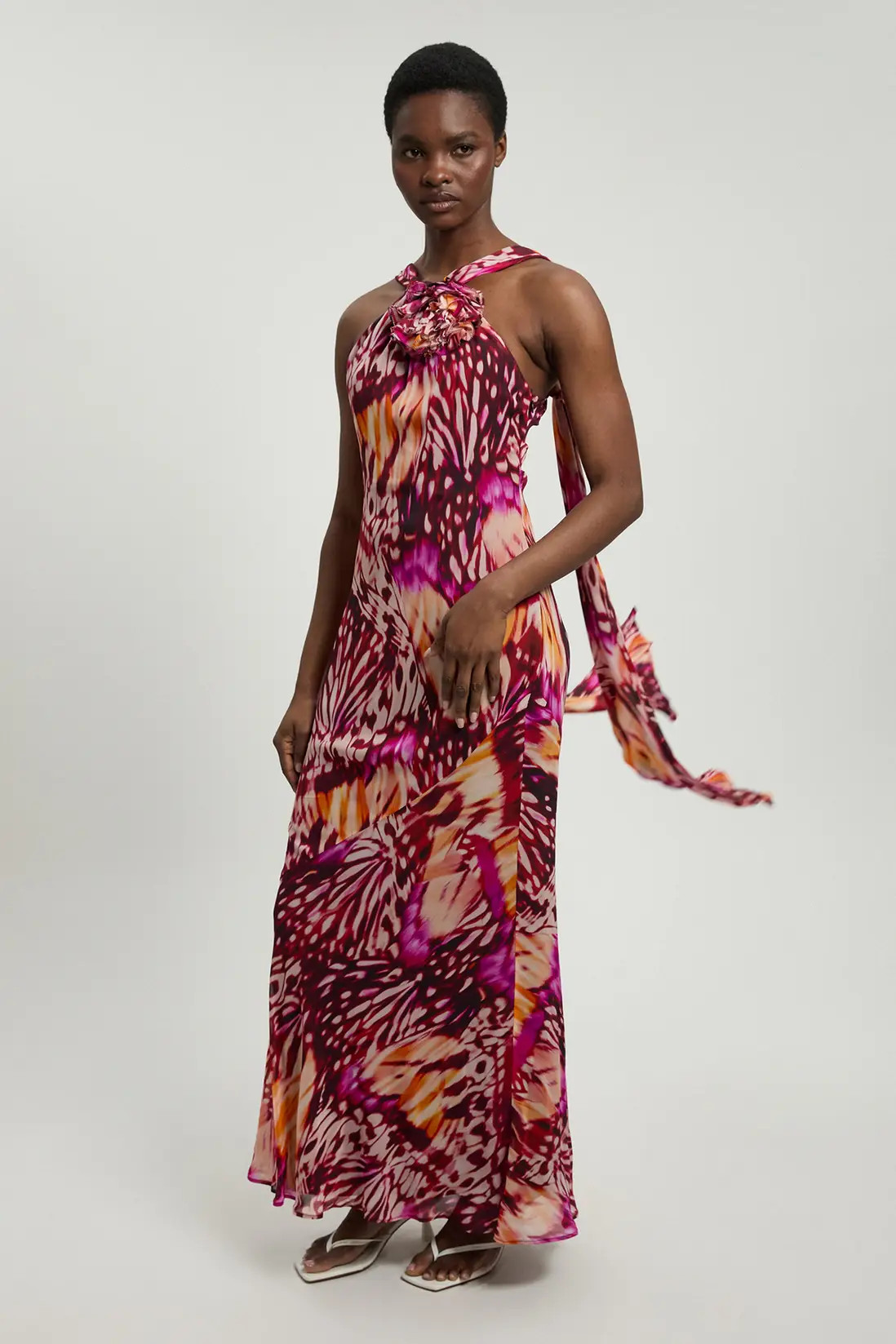 Petite Viscose Georgette Butterfly Print Rosette Halterneck Maxi Dress | Karen Millen