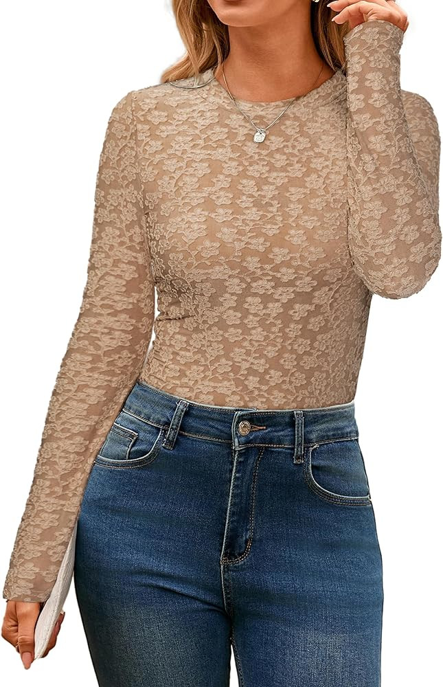 Glamaker Womens Mesh Long Sleeve Tops Lace See Through Sexy Crew Neck Eyelet Shirts Party Floral ... | Amazon (US)