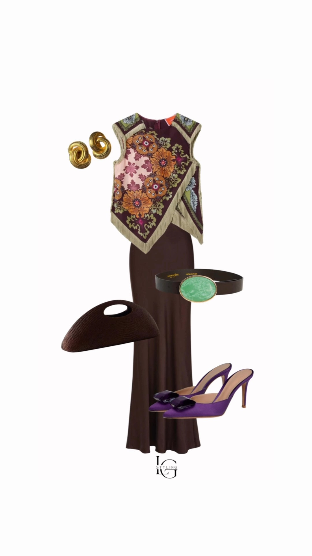 Today’s outfit is all about rich color, print + unexpected pairings. 

A chocolate brown maxi creates the base, while the scarf-inspired top brings in those gorgeous autumnal tones. I pulled out the purple with satin heels, added a pop of green at the waist, sculptural gold earrings + a textured brown bag to finish it off.

Proof that a statement print doesn’t have to dictate the entire outfit—pull out its colors and let the accessories do the styling.

#LTKootd #LTKgrwm