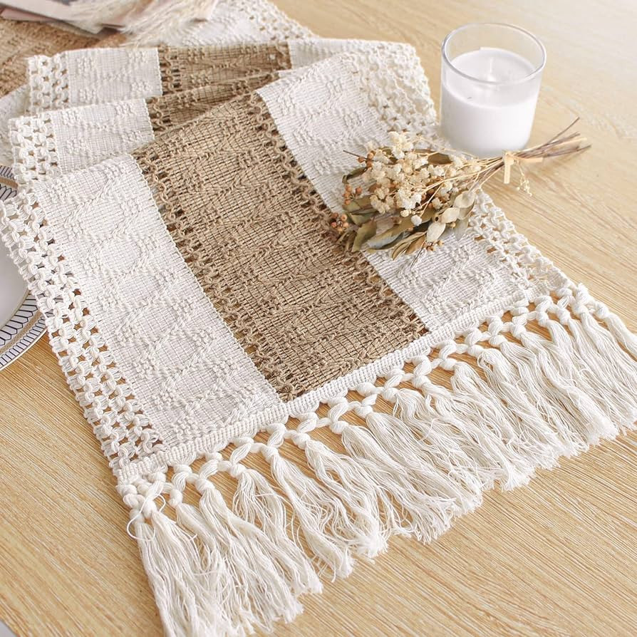 Boho Table Runner for Home Decor 72 Inches Long Farmhouse Rustic Table Runner Cream & Brown Macra... | Amazon (US)