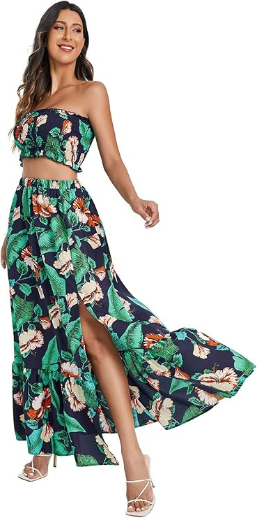 Floerns Women's Summer Printed 2 Piece Outfit Crop Tube Tops and Split Long Skirt Set | Amazon (US)