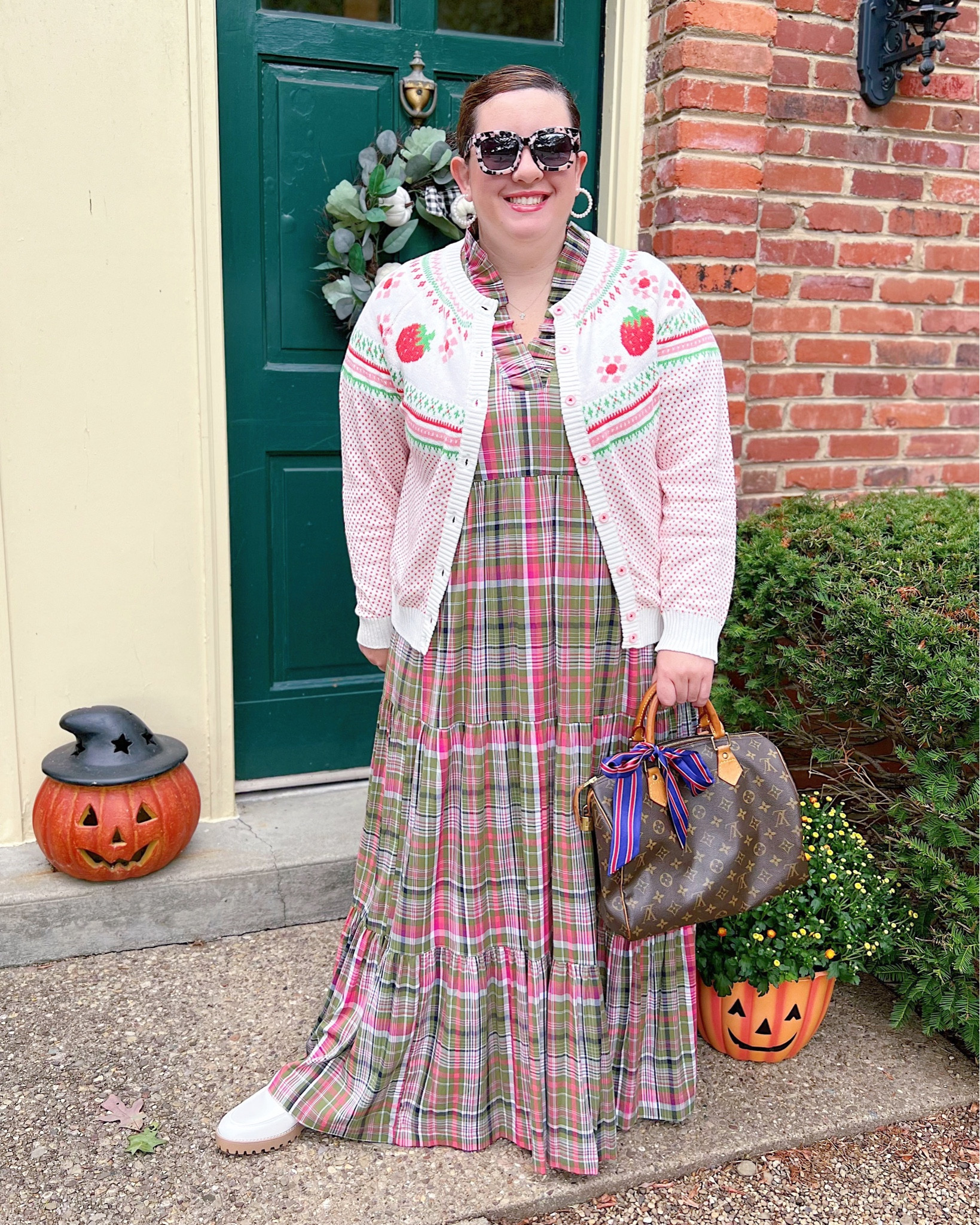 Fall maxi dress available in both plus and straight sizes and on sale for under $50 🍓 fall dress, holiday dress, family photo dress, plaid dress, plus size fall dress, strawberry cardigan, fair isle cardigan, white loafers, bag scarf #LTKmidsize #LTKHoliday

#LTKSeasonal #LTKfindsunder50 #LTKsalealert