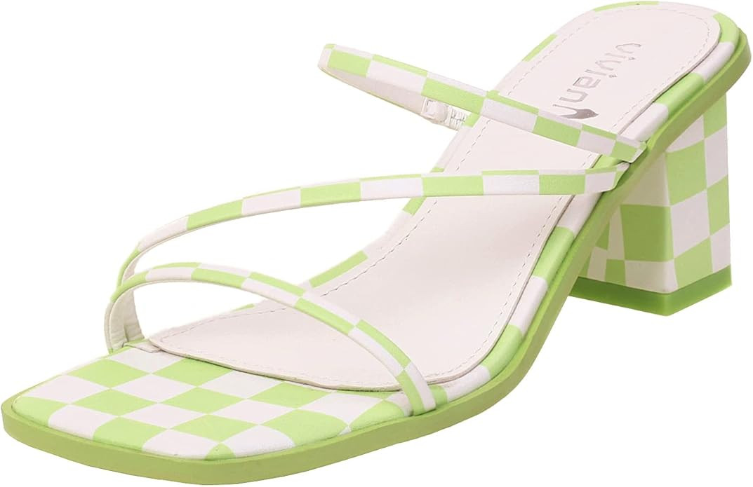 vivianly Womens Square Toe Strappy Chunky Heels Plaid Block Heeled Slides Sandals Slippers | Amazon (US)