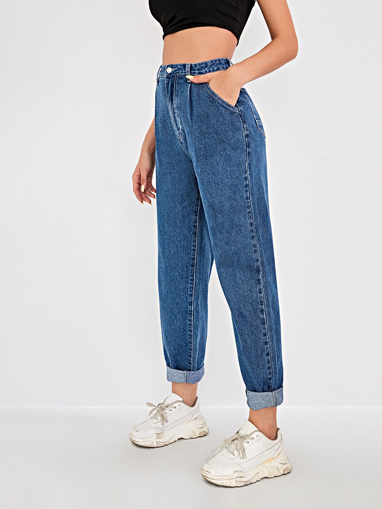 High Waist Fold Pleat Roll Hem Jeans | SHEIN