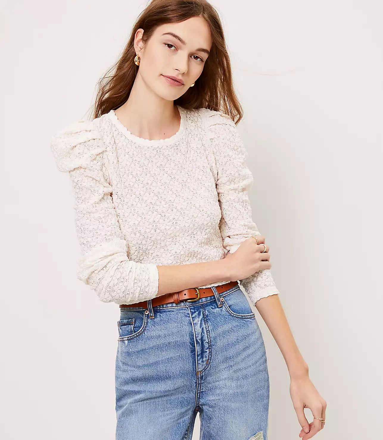 Floral Lace Pleated Puff Sleeve Top | LOFT