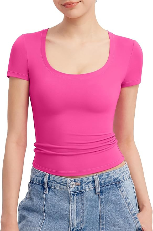 PUMIEY Women's T Shirts Short Sleeve Scoop Neck Basic Going Out Tops Fashion Slim Fit Tee Smoke C... | Amazon (US)