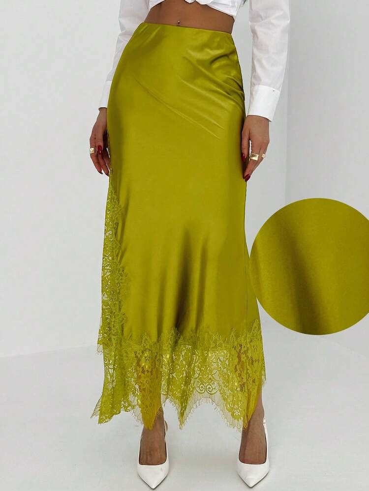 Aloruh Women's Solid Color Contrast Lace Elegant Fashionable Skirt Summer Outfits Summer Clothes Summer Outfits For Women Summer Holiday Outfits Vacation Vacation Outfits Women Holiday Outfits For Women Summer Holiday Outfits Vacation Vacation Outfits For Women Summer Vacation Outfits Beach Vacation Outfits For Women Avocado-Colored Satin Midi Skirt With Lace Trim And Side Slit – A Sexy Yet Sophisticated Workwear Look. Valentine's Day Valentine Outfits For Women Valentine | SHEIN
