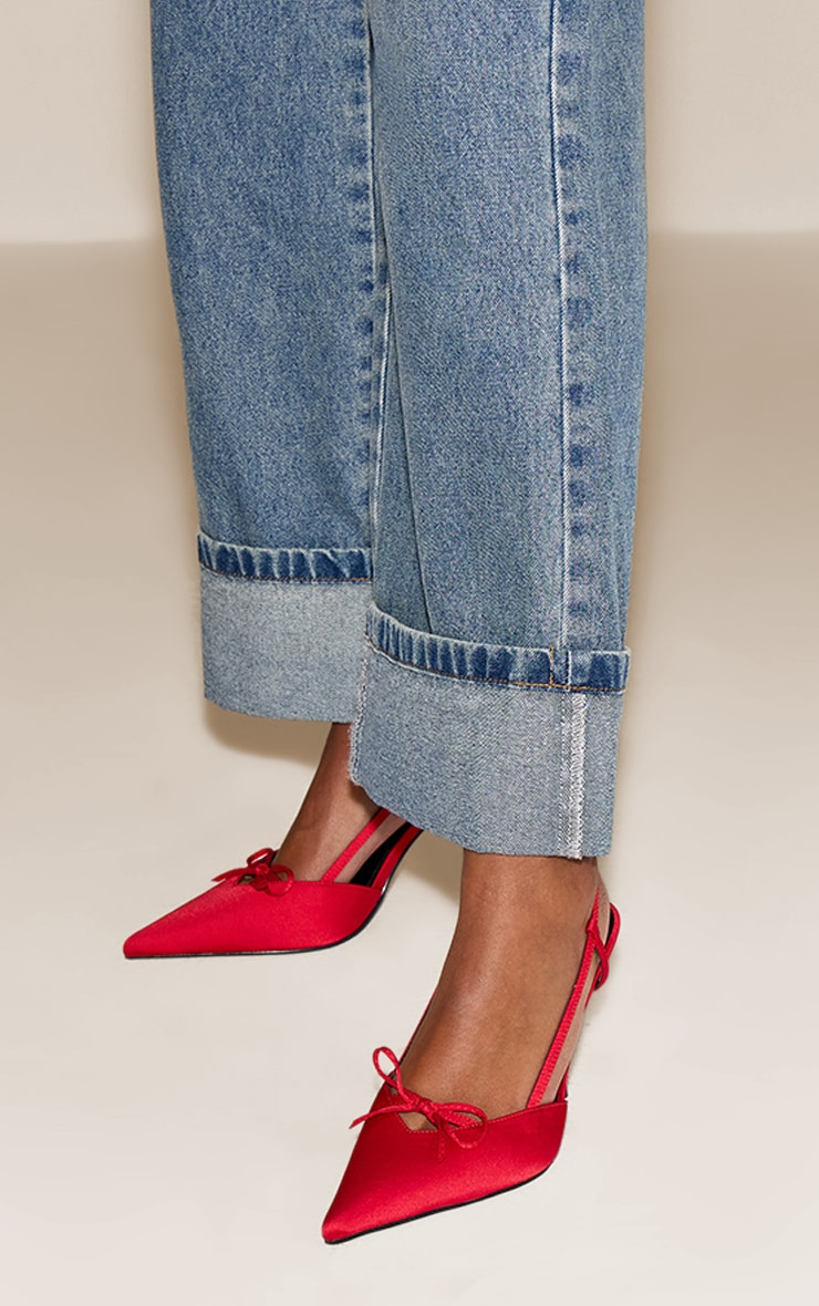 Red Satin Point Toe Bow Detail Mid Heel Courts | PrettyLittleThing UK