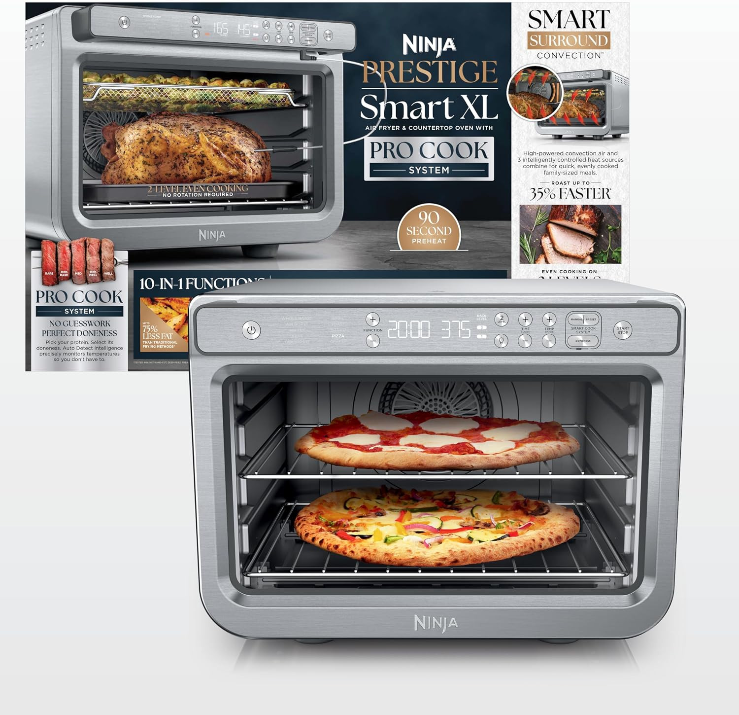 Ninja Prestige Smart XL with Pro Cook System 10-in-1 Air Fry Digital Countertop Convection Toaster Oven with Air Fry, Air Roast, Broil & Bake, Pro Cook Thermometer, 1800 Watts, Stainless Steel, DT551 | Amazon (US)