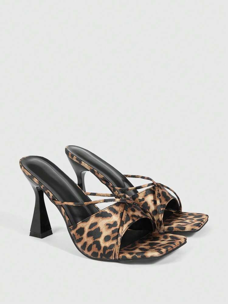MISSGUIDED Leopard Print High Heel Mule Sandals With Strappy Design And Block Heel For Evening Party | SHEIN
