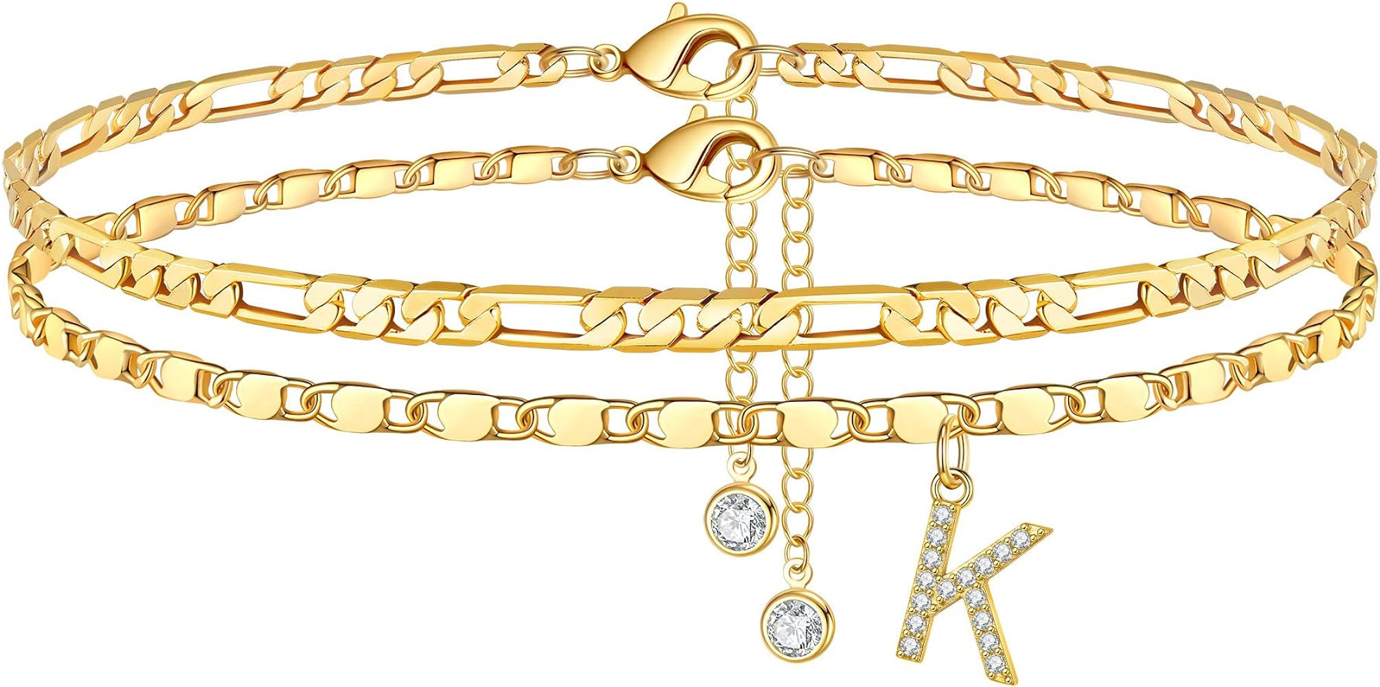 Ankle Bracelets for Women, 14K Gold Plated Dainty Layered Figaro Chain CZ initial Anklets Set Sum... | Amazon (US)