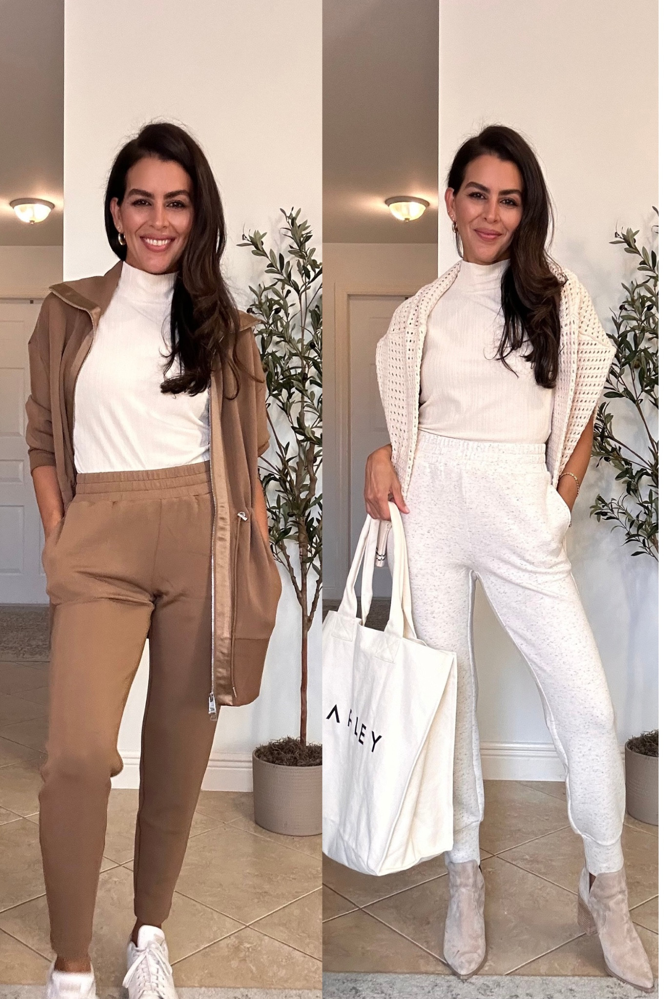 All details and sizing 🍂🤎⬇️
Wearing a size S in everything but the cardigan. Joggers are 27” in length.
Cardigan in size M.
Shoes tts. 
Bag comes witg crossbody strap. 
