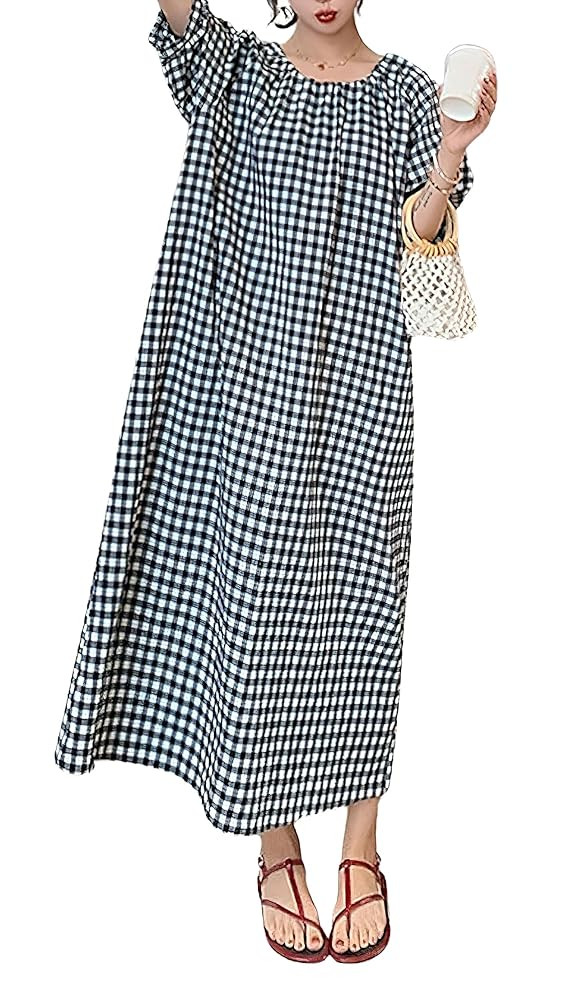 chouyatou Women's Casual Gingham Loose-Fit Swing Dress Cotton Lantern Puff Sleeve Plaid Midi Long... | Amazon (US)