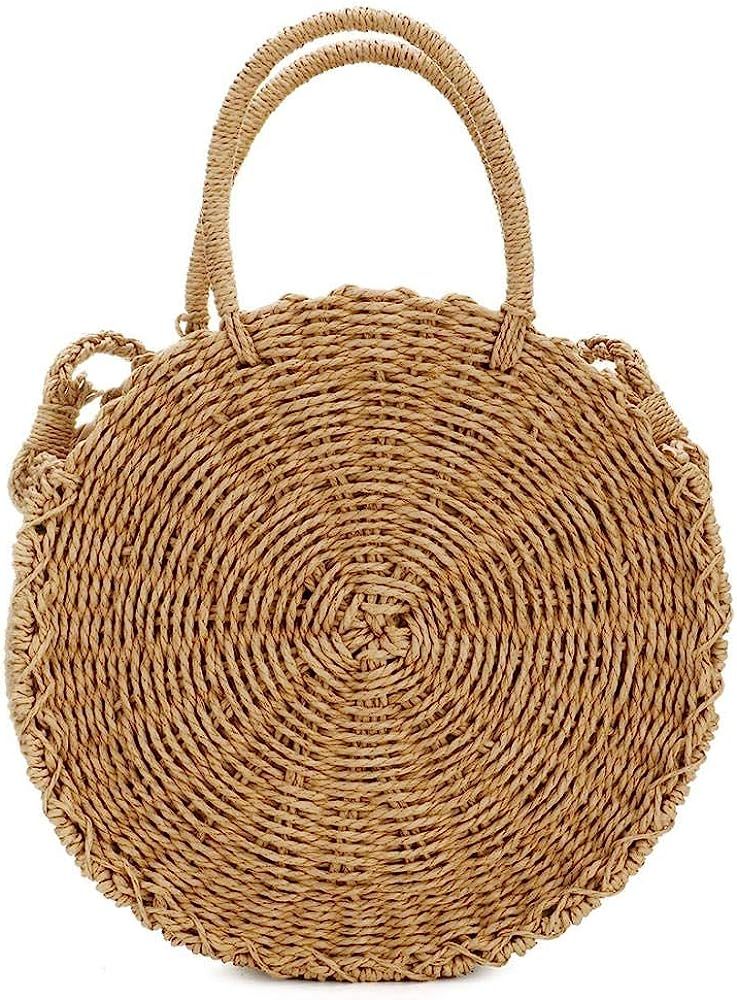 Women's Straw Bag Chic Handbag Woven Summer Beach Tote Bags with Round Handle Ring (Round Brown) | Amazon (US)