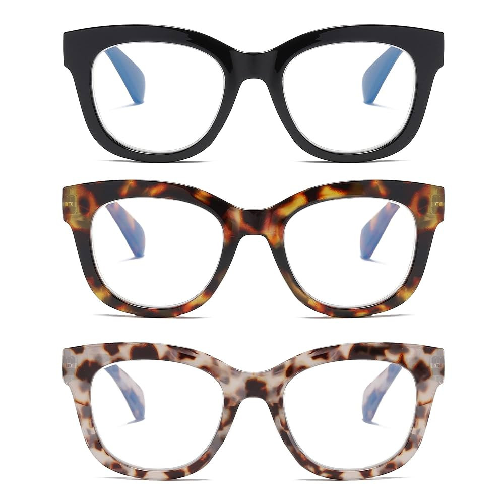3 Pack Oversized Blue Light Blocking Reading Glasses for Women, Retro Style Readers with Spring H... | Amazon (US)