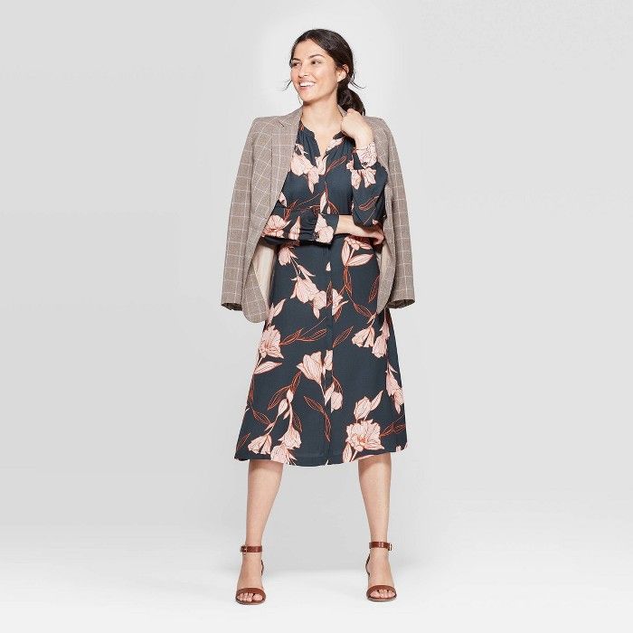 Women's Floral Print Long Sleeve Collared Midi Shirtdress - A New Day™ Olive | Target