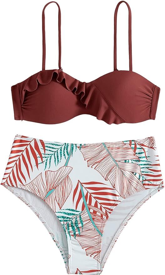SweatyRocks Women's Plant Print Ruffle Trim Bikini Swimsuit Spaghetti Strap High Waist Bathing Su... | Amazon (US)