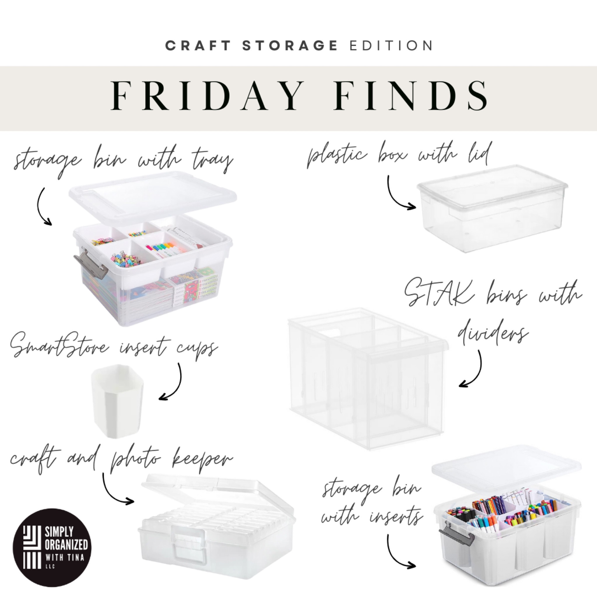 This week, we are focusing on craft storage finds to add function and style to your crafting space. What we like most about these items is how they easily organize both small and bulky crafting supplies and can fit in a cabinet, drawer, or closet when not being used. Perfect for kids to more advanced painters, seamstresses, or scrapbookers, these items will help keep items organized and easy to find when ready to create. 

▪️STAK drawers- Dividers create structure to keep items neat and organized; design allows for bins to be stacked to maximize vertical space; available in a variety of size options with or without wheels
▪️SmartStore insert cups- Perfect for drawers or bins to organize smaller craft supplies such as embellishments, crayons, markers, or brushes
▪️Bin with inserts- Inserts keep items organized separately while being housed together in lidded bin; sturdy locking lid and handle makes bin ideal for carrying from one space to another while maintaining organization
▪️Plastic shoe box- Clear design makes it easy to see contents; perfect size for many differently sized craft items such as paper, fabric, or yarn
▪️Plastic bin with tray- Bulky items can be stored under tray; partitioned tray can hold smaller items such as markers, crayons, or small pieces
▪️Photo & craft keeper - Storage box with 16 cases; each smaller case can up to hold 100 photos and can also be used to hold craft items such as stickers, stamps, and smaller pieces; box closes securely and can be carried with study handle

#LTKkids #LTKfamily #LTKhome