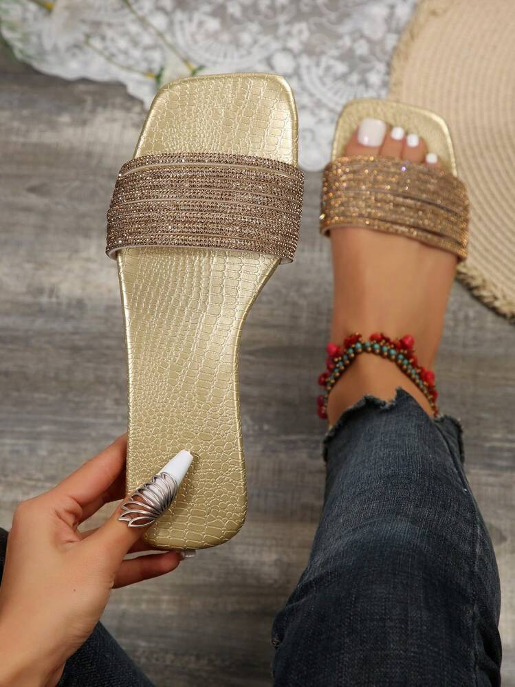Women's Rhinestone Slipper Square Toe Flat Sandals With Anti-Slip Sole For Summer Beach | SHEIN