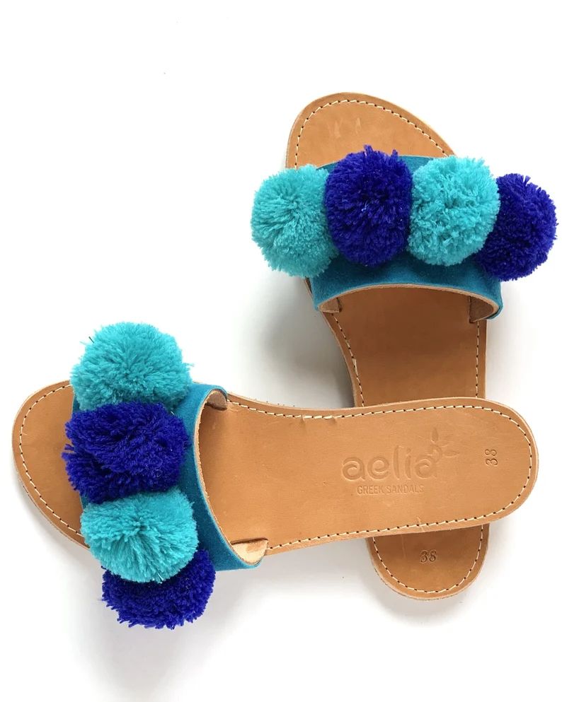 Blue Pom Pom Greek Leather Sandals .Boho Style Sandals  Women | Etsy | Etsy (US)