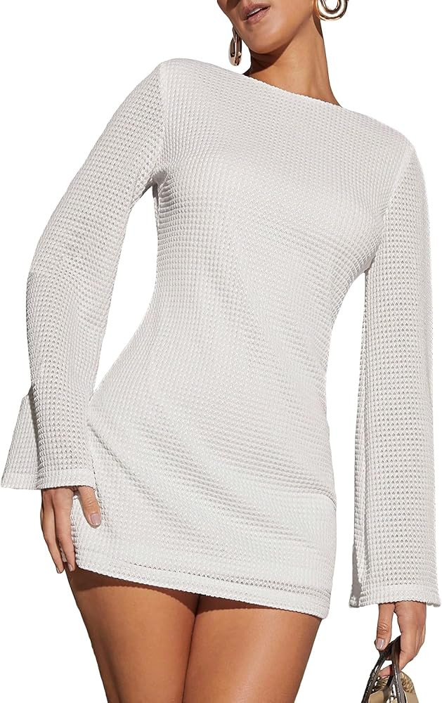 GORGLITTER Women's Backless Crochet Bodycon Mini Dress Open Back Bell Long Sleeve Short Dresses | Amazon (US)