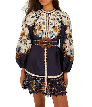 Farm Rio Golden Nature Printed Round Neck Long Sleeve Button Front Belted Mini Dress -  L | Dillard's