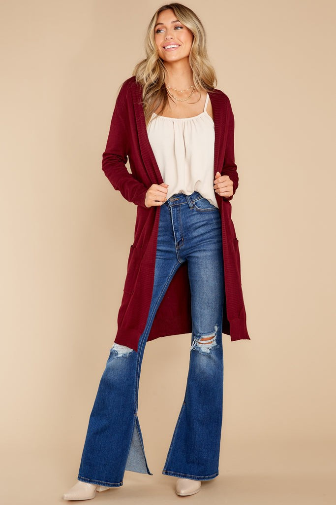 Anticipating This Moment Burgundy Cardigan | Red Dress 