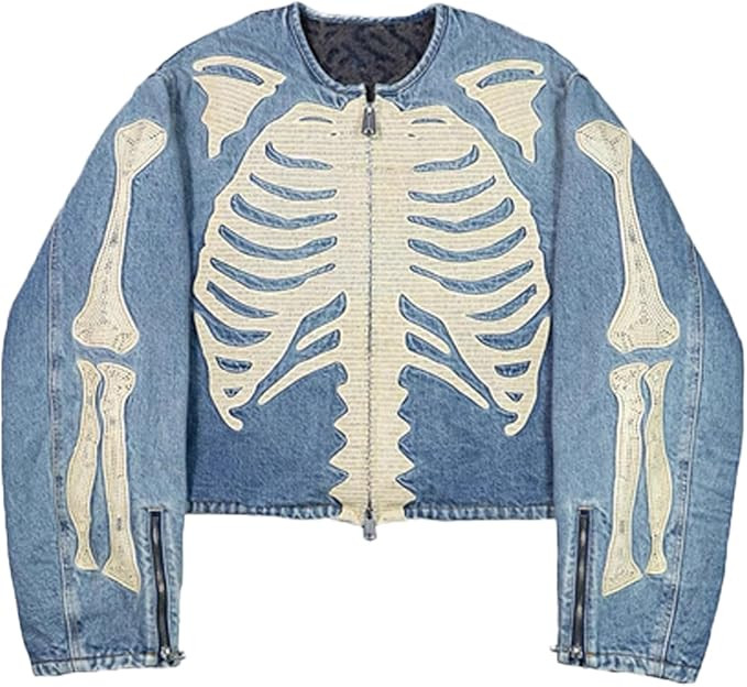 Arnodefrance Y2K Long Sleeve Zip Up Denim Jacket Vintage Washed Skeleton Printing Graphic Truck J... | Amazon (US)