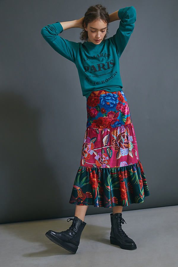 Farm Rio Drea Tiered Velvet Midi Skirt By Farm Rio in Assorted Size M | Anthropologie (US)