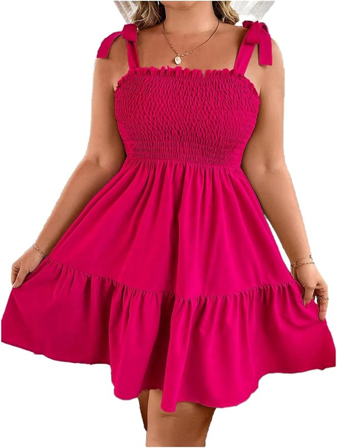 Floerns Plus Size Sundress Shorts Dress, Knot Tie Shoulder Ruffle Straps Flounce Flowy Smocked | Amazon (US)