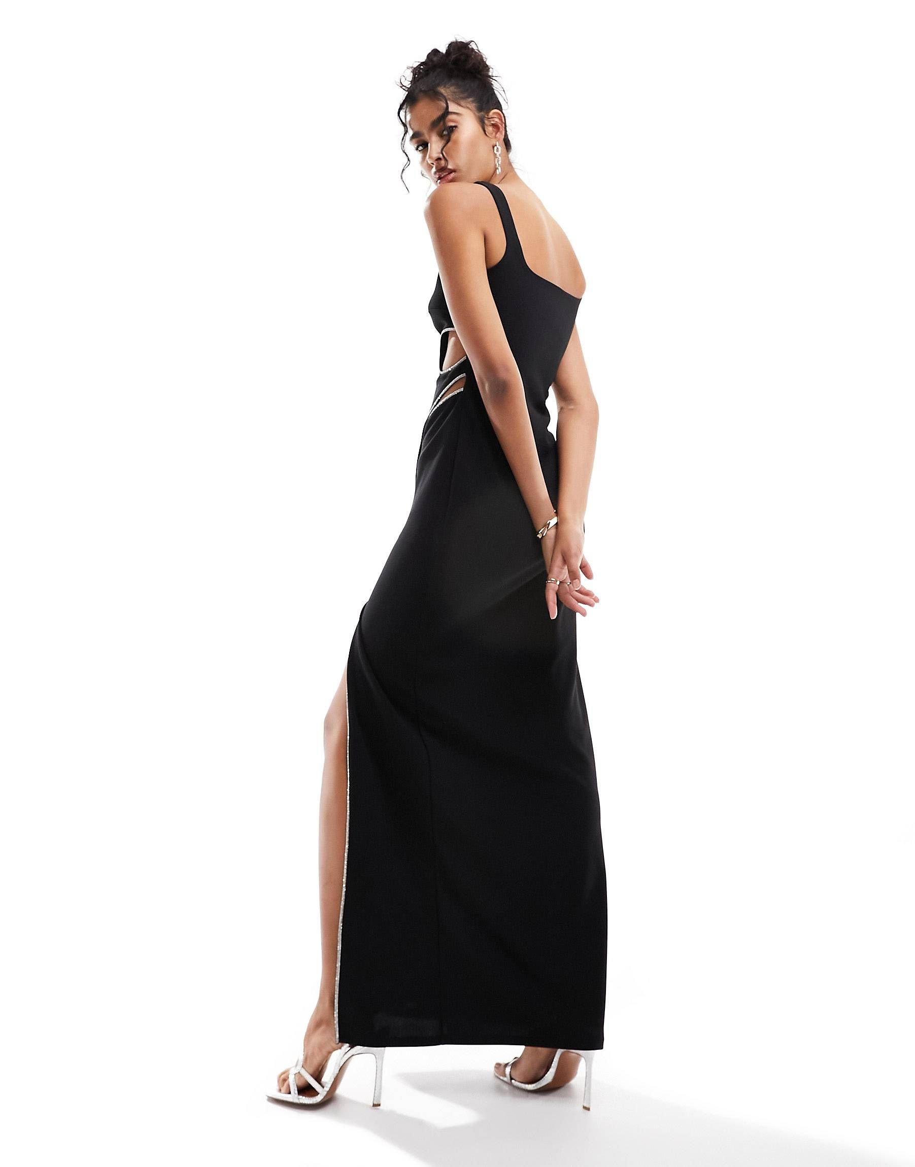 ASOS DESIGN maxi dress with diamante cut out and high split in black | ASOS (Global)