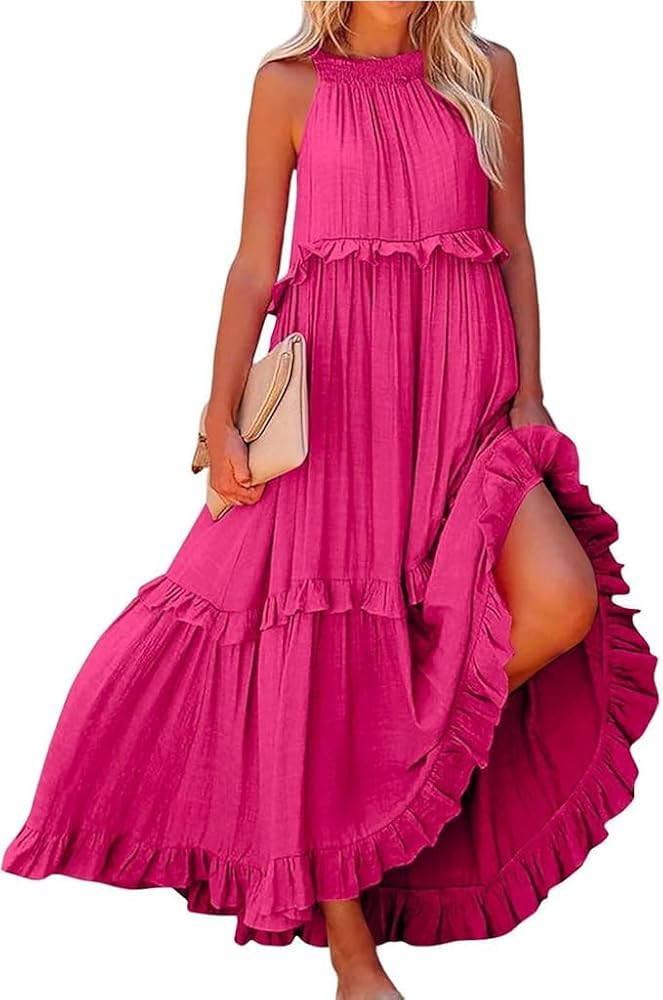 Halter Maxi Dress for Women, Summer Beach Vacation Dress, Boho Backless Sleeveless Ruffle Long Dr... | Amazon (US)