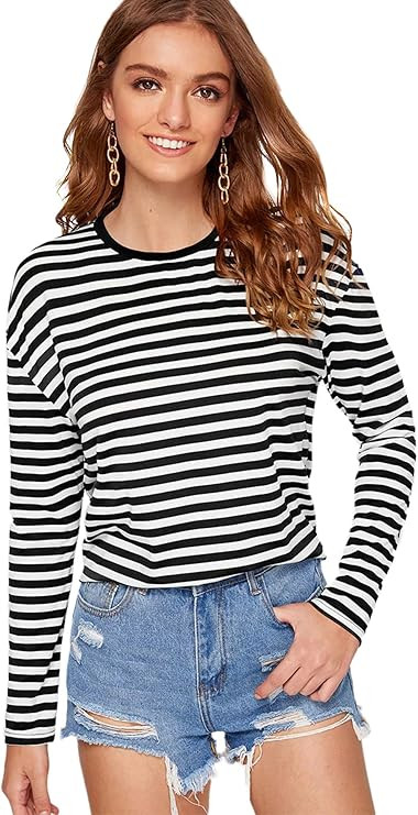 SweatyRocks Women's Casual Striped Tee Shirt Long Sleeve Round Neck Top | Amazon (US)