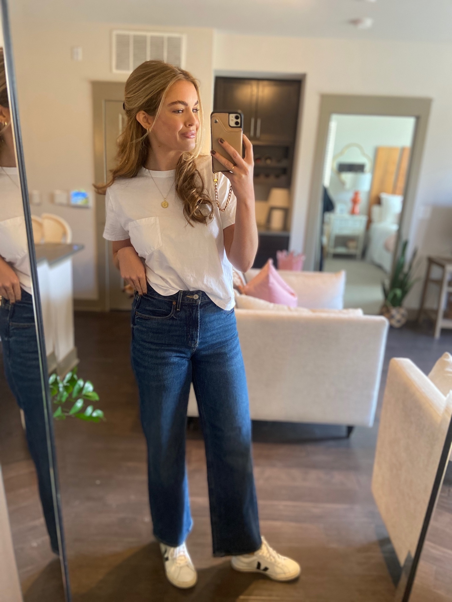 Year- round uniform !! The perfect tee (I have the 3 pack in size L) and the jeans run huge!! Size 2 sizes down! 

#LTKmidsize #LTKfindsunder100