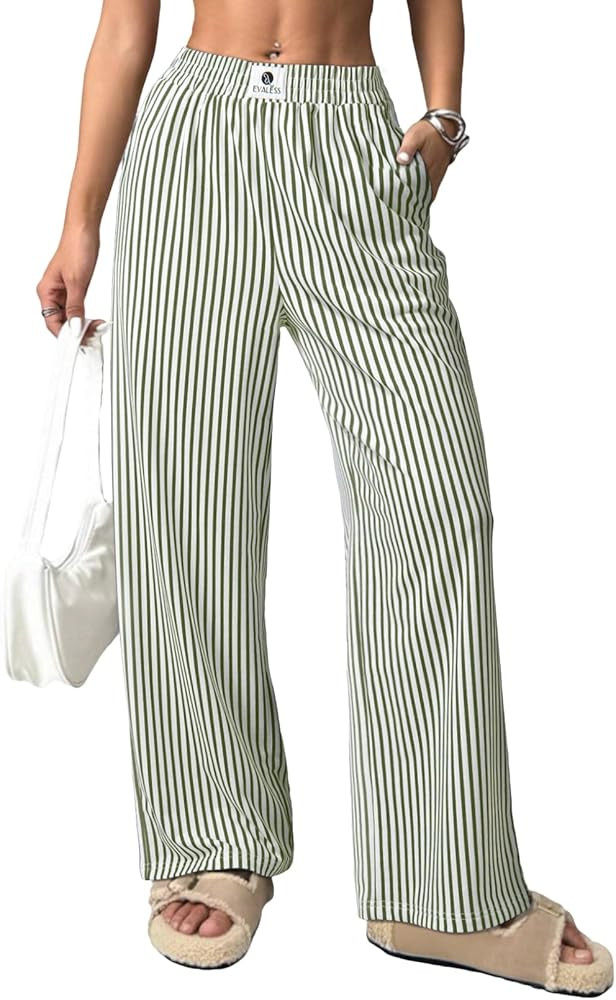 EVALESS Women's Striped Pants Spring Summer 2026 Comfy Pajama Pants High Waist Wide Leg Lounge Pa... | Amazon (US)