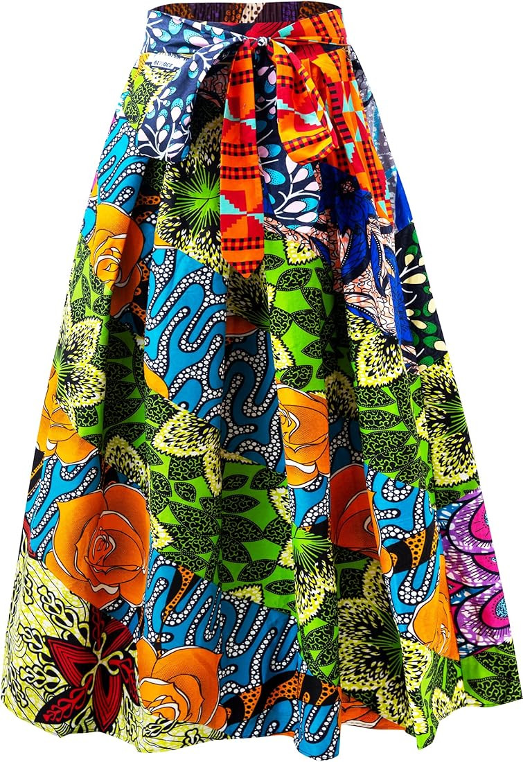 Women's African Print High Waist Pleated A Line Long Maxi Skirts with Pockets | Amazon (US)