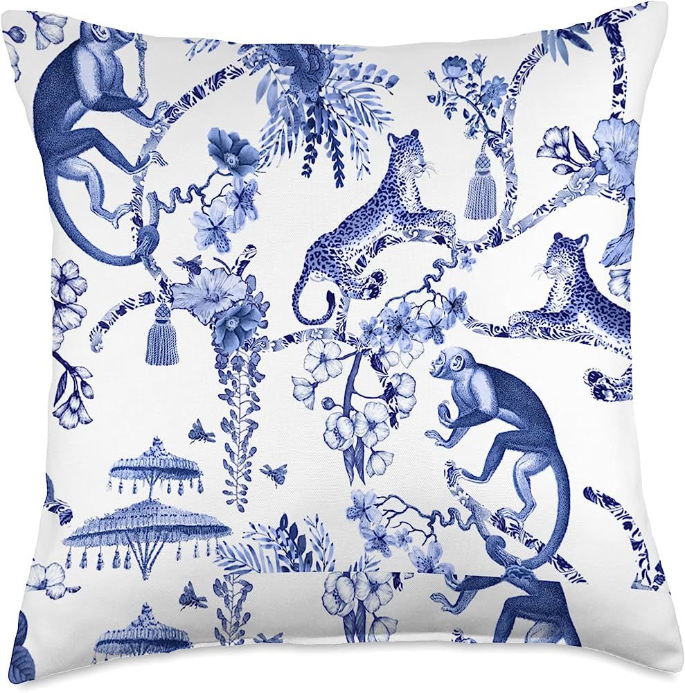 Chinoiserie Designs by Uur Chinoiserie Tiger and Monkey Toile Blue and White Throw Pillow, 18x18,... | Amazon (US)