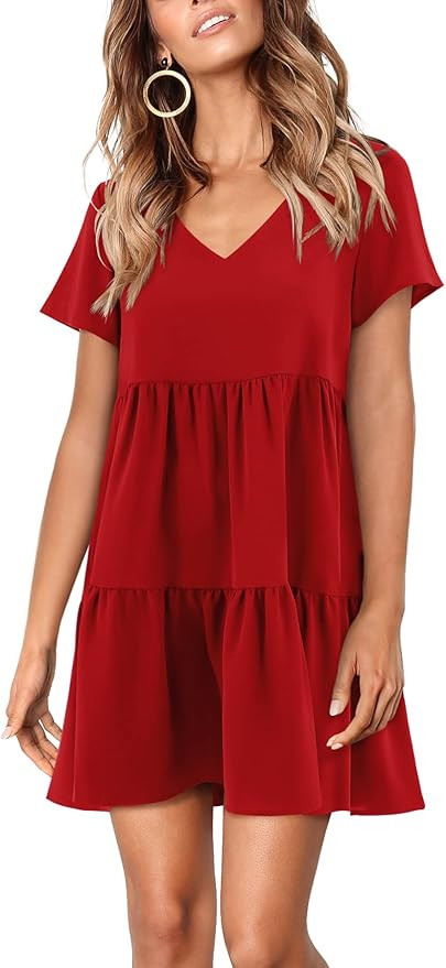 Amoretu Women Summer Tunic Dress V Neck Casual Loose Flowy Swing Shift Dresses | Amazon (US)