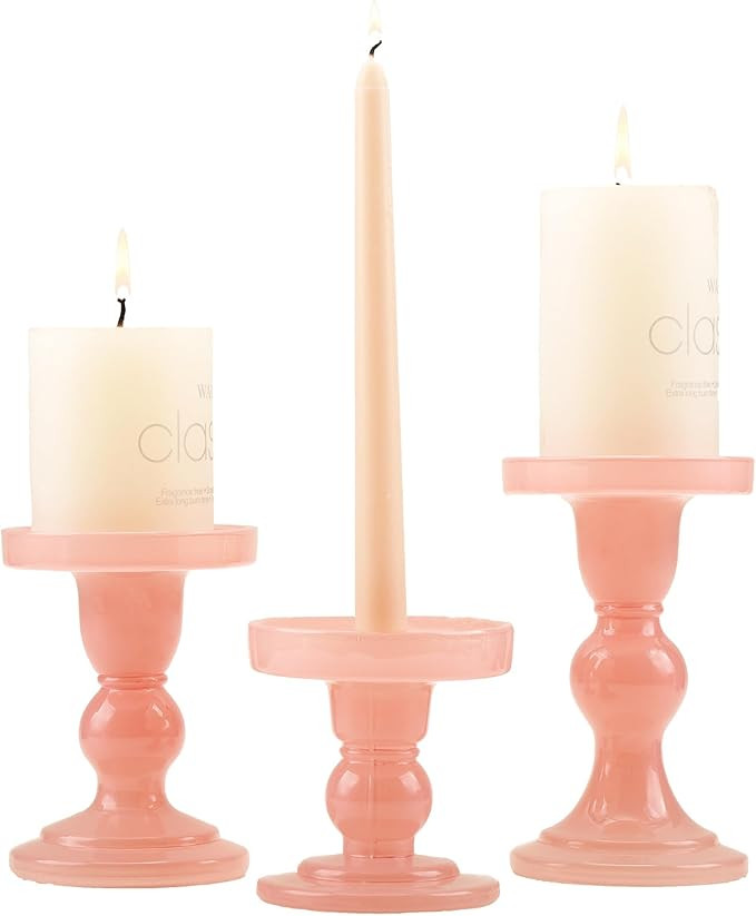 GMWD 3 Pcs Glass Candle Holder Set Clear, Pink Candlesticks Holders Pillar Taper Candles Tealight... | Amazon (US)