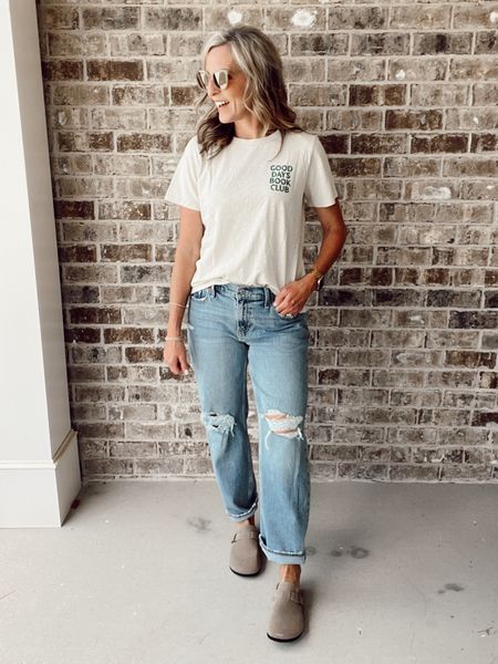 Join the club - the book club. This fun graphic tee is $7 today from Old Navy - midrise loose jeans on sale today 50% off perfect for summer relax fit with extra wiggle room wearing a size 2

#LTKShoeCrush #LTKFindsUnder50 #LTKOver40
