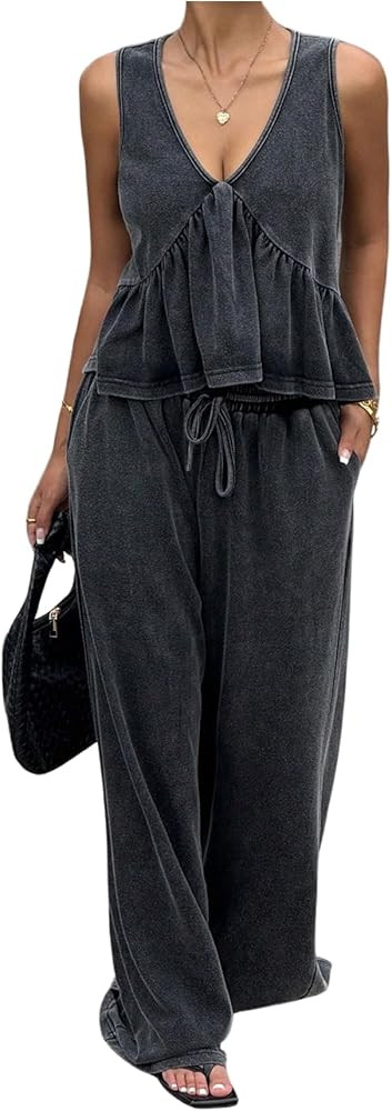 SweatyRocks Women's 2 Piece Outfits V Neck Ruffle Peplum Tank Top and Baggy Pants Matching Sets | Amazon (US)