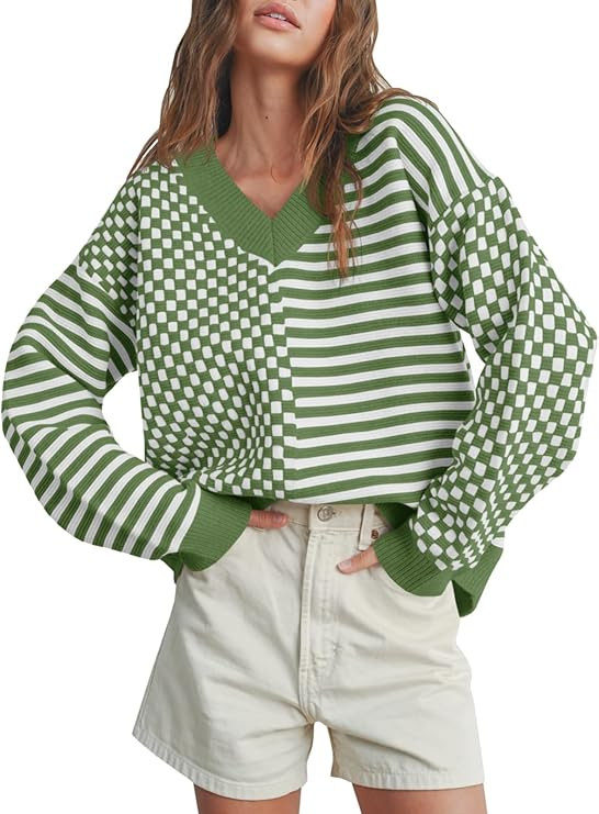 Saodimallsu Womens Checkered Striped Sweater V Neck Long Sleeve Fall Trendy Loose Knit Cozy Pullo... | Amazon (US)