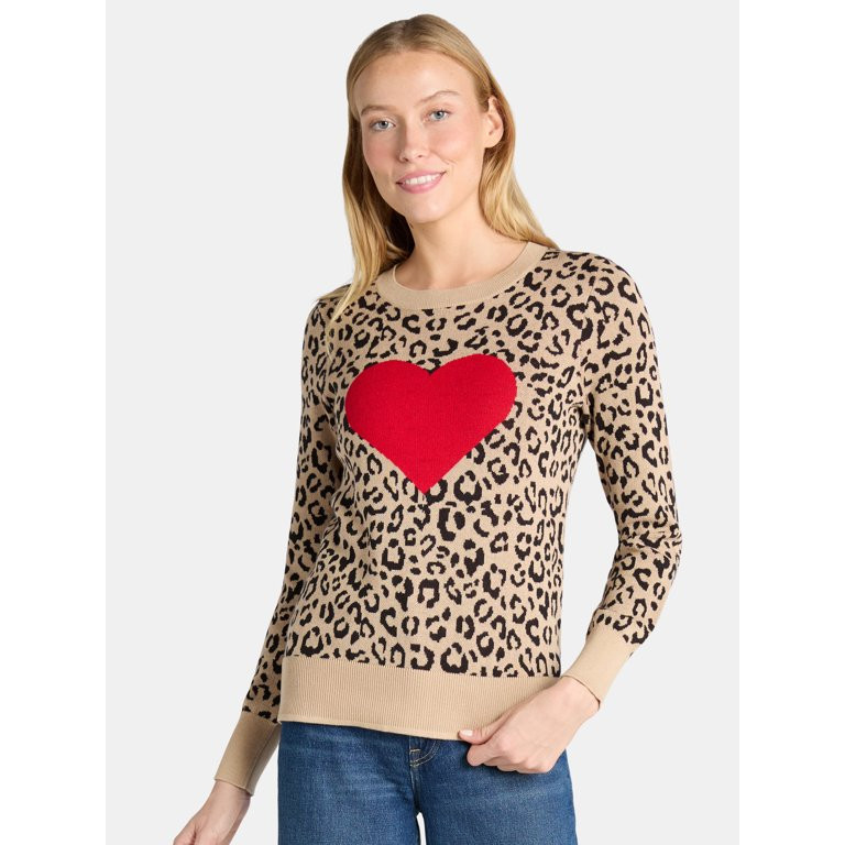 Time and Tru Women’s Heart Leopard Intarsia Sweater, Lightweight, Sizes XS-XXXL | Walmart (US)