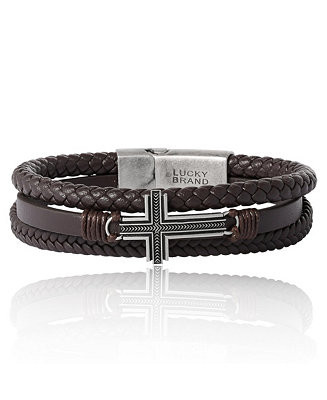 Lucky Brand Braided Leather Bracelet with Cross - Brown Leather Wrap Bracelet for Men - Macy's | Macy's