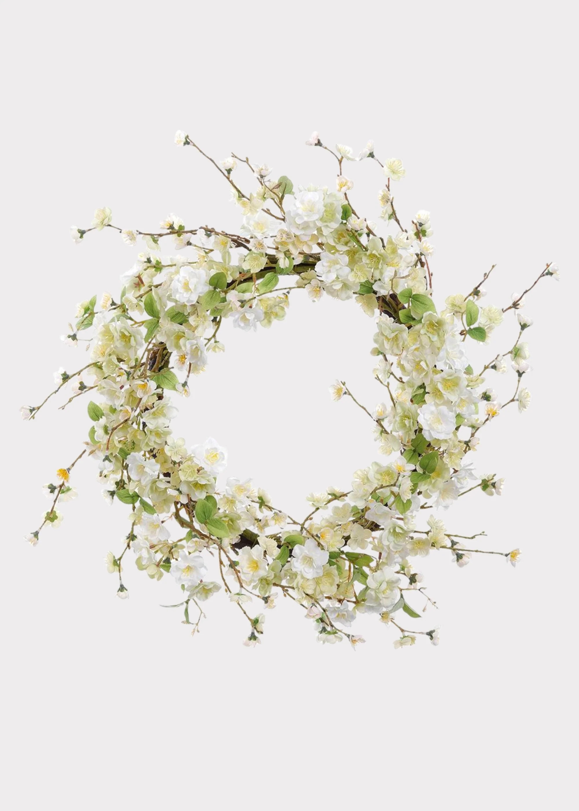 Artificial Wispy Cherry Blossom Flower Wreath in Cream Green - 24" | Afloral