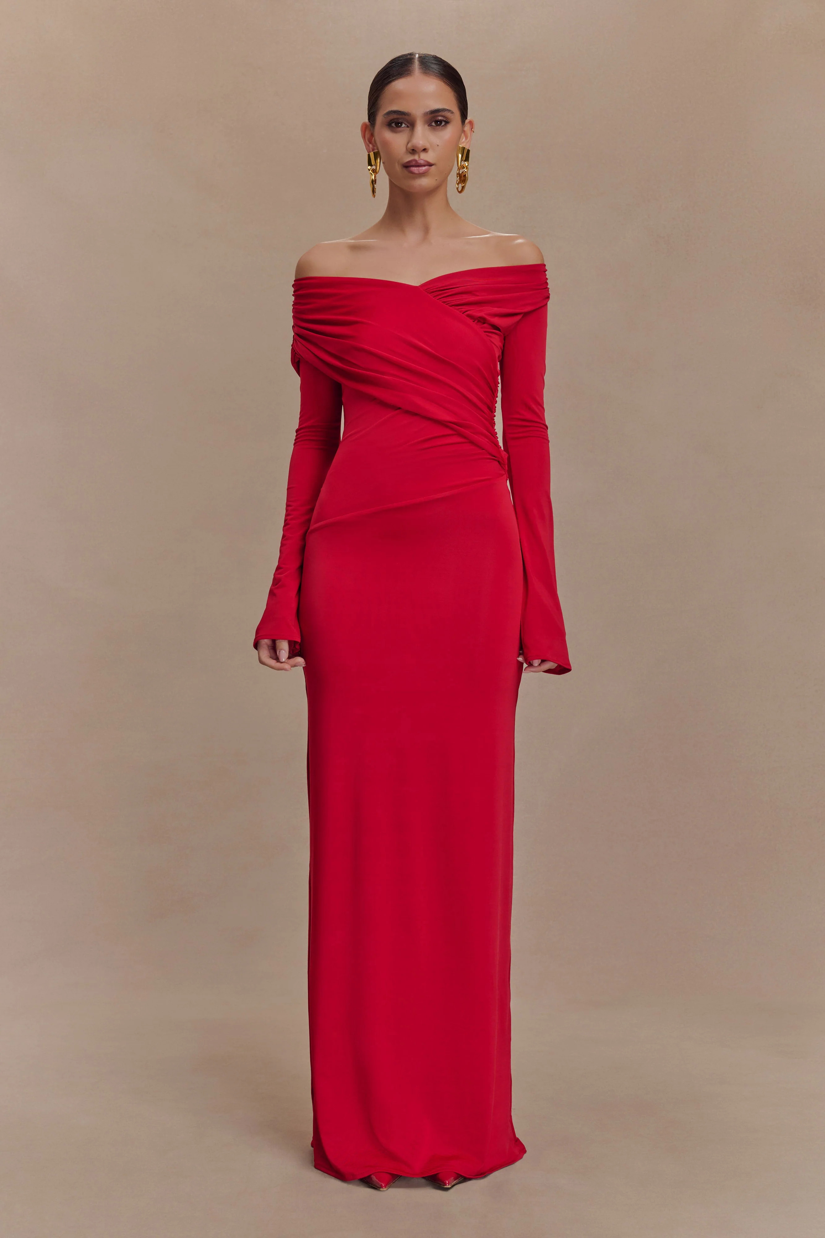 Therese Off Shoulder Ruched Maxi Dress - Red | MESHKI US